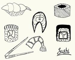 ensemble, sushi maki, cuisine japonaise. rouleau, dessiné à la main sur fond blanc vecteur