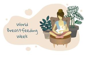 semaine mondiale de l'allaitement. la fille est assise sur une chaise et nourrit le bébé avec du lait maternel. illustration vectorielle d'une brochure, d'une affiche, d'un site Web vecteur