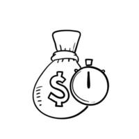 sac d'argent dessiné à la main et symbole de minuterie pour un prêt rapide et facile, une providence d'argent rapide, des services commerciaux et financiers, un paiement rapide, une solution financière, un doodle vecteur