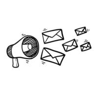 mégaphone doodle dessiné à la main et concept d'enveloppe pour vecteur d'illustration de newsletter