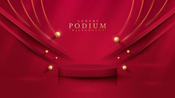 podium d'affichage de produit rouge avec ligne courbe dorée et éléments de boule 3d avec décoration bokeh et effet de lumière scintillant. vecteur