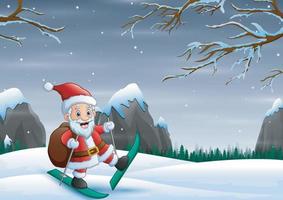 Père Noël skiant sur la colline enneigée avec son sac de cadeaux de Noël vecteur
