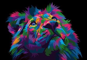 tête de lion colorée sur un style pop art isolée avec un fond noir vecteur