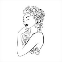 portraits féminins d'art en ligne avec des fleurs sur la tête. illustration vectorielle isolée. création de logo pour salons de beauté vecteur