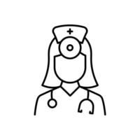 icône de ligne de médecin oto-rhino-laryngologiste. personnel médical en oto-rhino-laryngologie avec stéthoscope, pictogramme linéaire miroir. icône de contour de médecin oreille, nez, gorge. illustration vectorielle isolée. vecteur