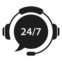 assistance client 24 7 icône silhouette. logo du centre d'appels du service d'aide. casque avec bulle autour du concept de hotline d'horloge. centre téléphonique pour aider les clients à signer. illustration vectorielle isolée. vecteur