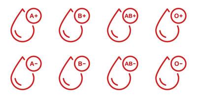 icône de la ligne rouge du groupe sanguin. groupe de pictogramme de sang. collecte de gouttes de plasma. o, a, b, ab type positif et négatif de jeu d'icônes de contour sanguin. illustration vectorielle isolée. vecteur