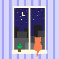 chat orange assis sur la fenêtre et regardant la ville de nuit. illustration de la maison confortable. animal de compagnie attendant son propriétaire. illustration mignonne dans un style plat de dessin animé. impression pour carte, livres, autocollant vecteur
