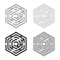 labyrinthe hexagonal labyrinthe labyrinthe hexagonal avec six icônes d'angle ensemble illustration vectorielle de couleur gris noir image de style plat vecteur