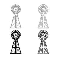 Éolienne moulin à vent icône américaine classique ensemble de contours couleur gris noir vecteur