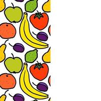 dépliant avec motif transparent de fruits dessinés à la main. banane, prune, orange, poire, citron vert, kaki sur fond blanc. fruits de dessin animé. vecteur