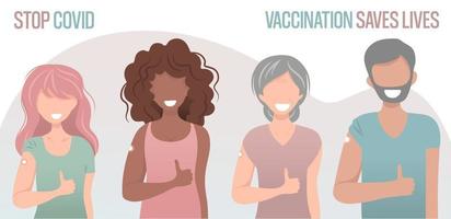 concept de vaccination covid pour la santé immunitaire. personnes vaccinées d'âges, de races différents, hommes et femmes, internationaux, multiethniques, multiraciaux. soins de santé, coronavirus. bannière web vecteur