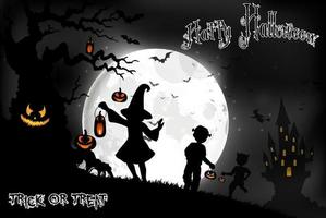 fond d'halloween sur la pleine lune avec une petite fille sur la pleine lune vecteur