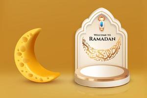 bienvenue au modèle de bannière de calligraphie islamique arabe ramadan kareem avec croissant de lune. carte de voeux vecteur