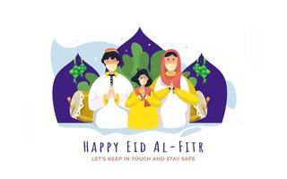 joyeux eid mubarak salutations d'illustration avec le concept de familles musulmanes vecteur