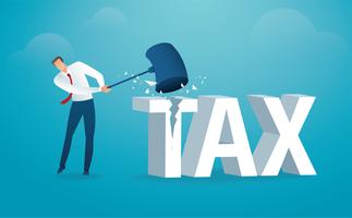Homme détruisant le mot impôt avec un marteau. illustration vectorielle vecteur