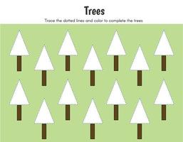 dessinez des arbres, tracez les lignes pointillées et coloriez les arbres. pratiquer la feuille de travail pédagogique pour la maternelle. motricité et test de QI. feuille de travail imprimable pour l'éducation en ligne. illustration vectorielle. vecteur