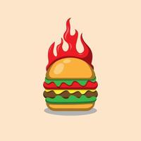 illustration de burger de flamme de feu chaud. emblème de vecteur de modèle de burger de nourriture épicée. burger en feu conception 3d.