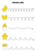 tracer des lignes avec de jolis poussins de Pâques. pratique de l'écriture. vecteur