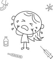 illustration de dessin animé mignon pour les enfants. noir et blanc. la fille est malade. elle pleure de douleur vecteur