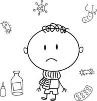 illustration de dessin animé mignon pour les enfants. noir et blanc. le garçon est malade. mais il s'est remis de sa maladie. vecteur