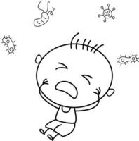 illustration de dessin animé mignon pour les enfants. noir et blanc. le garçon est malade. il pleure de douleur vecteur
