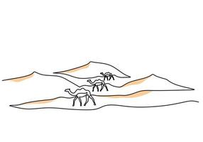 une seule ligne continue de chameaux dans le désert vecteur