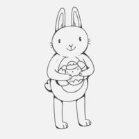 lapin avec des oeufs de pâques dans les mains vecteur doodle illustration isolé sur fond blanc. lapin de personnage mignon pour pâques.