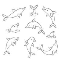 ensemble de dauphins mignons noirs et blancs dans un style simple de doodle. illustration vectorielle. vecteur