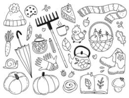 ensemble d'éléments d'automne dans un style doodle simple. illustration vectorielle noir et blanc isolée sur fond. automne douillet. vecteur