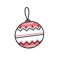 jouet de sapin de noël boule blanche et rose avec différentes lignes et motifs dans un style simple de griffonnage. vecteur