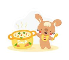 lapin de dessin animé mignon cuisinant un plat savoureux. personnage animal drôle pour la conception des enfants. illustration vectorielle plane. vecteur