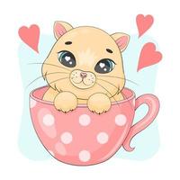 chaton mignon dans une tasse. style de dessin animé heureux. illustrations d'enfants. illustration vectorielle. isolé sur blanc. vecteur