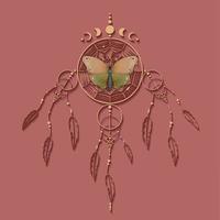 papillon sur dreamcatcher avec ornement de mandala et phases de lune. symbole mystique d'or, art ethnique avec design boho indien amérindien, vecteur isolé sur fond rose vintage ancien