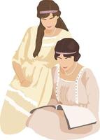 deux jeunes femmes lisant un livre dans des robes de style vintage. amis lisant ensemble. illustration vectorielle de filles en costumes historiques, isolées sur fond blanc vecteur