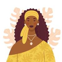 belle femme africaine aux longs cheveux bouclés dans une robe jaune et avec un foulard sur la tête. un ensemble de bijoux sur la fille. personnage dans un style plat avec fond de feuilles de monstera vecteur