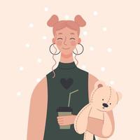 jolie jeune fille avec une tasse de café et un ours en peluche. concept de bonjour, amour du café. personnage dans un style plat vecteur