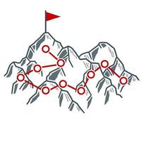 montagne d'escalade avec drapeau rouge. points et étapes du parcours. vecteur