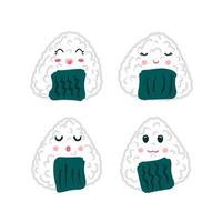 onigiri dessiné à la main avec une collection de visages mignons. vecteur