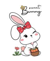 mignon doux lapin blanc heureux bébé lapin avec un arc rouge hodling panier de carottes, lapin doux, vecteur de contour de dessin de dessin animé