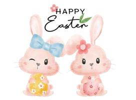 mignon deux couple lapin lapin fille et garçon sourire câlin oeufs de pâques pépinière bébé dessin animé vecteur aquarelle, joyeuses pâques