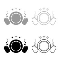 concept de vaisselle nettoyer la vaisselle assiette gant de toilette éponge bulles cuisine propre idée icône contour ensemble illustration vectorielle de couleur gris noir image de style plat vecteur