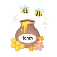 pot de miel avec abeilles, fleurs et nid d'abeilles. illustration isolée pour l'étiquette de miel, les produits, la conception de l'emballage. style de vecteur plat.