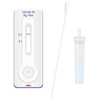 test antigénique rapide covid-19. échantillon d'échange de coronavirus dans un tampon de lyse, bande avec des réactifs, résultat avec des molécules d'antigène. vecteur. vecteur