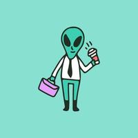 extraterrestre en costume d'homme d'affaires tenant une mallette et une tasse de café, illustration pour t-shirt, autocollant ou marchandise vestimentaire. avec un style de dessin animé rétro. vecteur