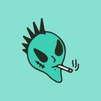extraterrestre aux cheveux mohawk fumant une cigarette, illustration pour t-shirt, autocollant ou marchandise vestimentaire. avec un style de dessin animé rétro. vecteur