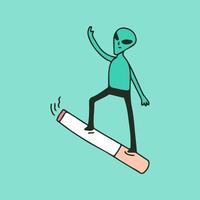 extraterrestre cool chevauchant une cigarette, illustration pour t-shirt, autocollant ou marchandise vestimentaire. avec un style de dessin animé rétro. vecteur