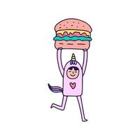 joli garçon en costume de licorne soulevant un hamburger, illustration pour t-shirt, autocollant ou marchandise vestimentaire. avec doodle, soft pop et style cartoon. vecteur