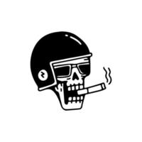 squelette cool portant un casque et des lunettes de soleil, fumant une cigarette, illustration pour t-shirt, autocollant ou marchandise vestimentaire. avec un style de dessin animé rétro. vecteur