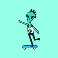 Alien punk chevauchant une planche à roulettes, illustration pour t-shirt, autocollant ou marchandise vestimentaire. avec doodle, soft pop et style cartoon. vecteur